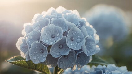 Gentle light filters through a soft blue Hydrangea flower with dew drops, photographed with a shallow depth of field to evoke a dreamy mood.