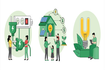People interacting with electrical devices and solar energy concepts electricity power