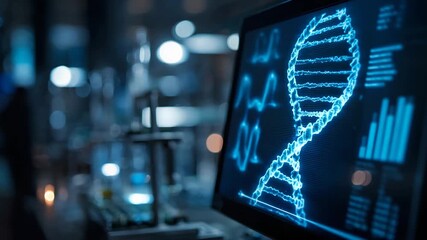 A glowing DNA double helix rotates slowly on a digital screen in a dark futuristic laboratory, with charts and data evolving in the background in a seamless science-themed loop. - Powered by Adobe