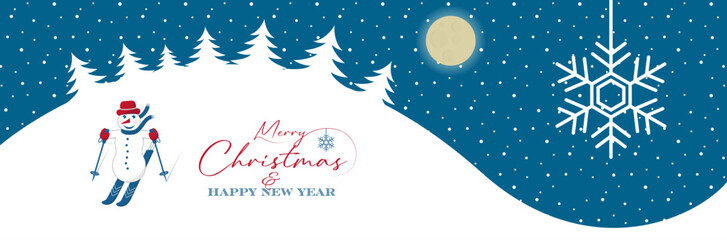 Fototapeta premium Merry Christmas concept design with snowman, skiing snowman, landscape, trees illustration. Winter holidays concept card design to use for merry christmas cards, winter advertising, holiday greetings.