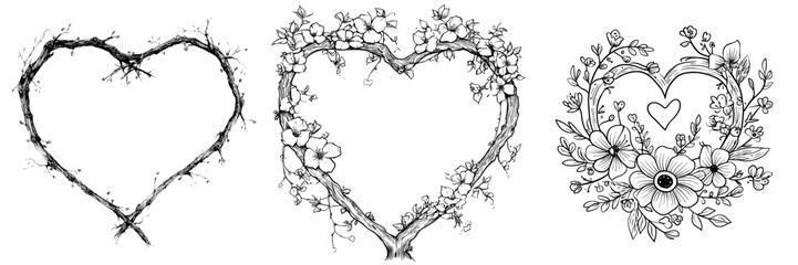 Fototapeta premium A hand drawn frame featuring rustic floral patterns and a heart-shaped wreath made of branches