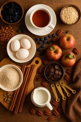 Aesthetic Autumn Baking Ingredients Still Life Featuring Tea, Apples, and Pecans on a Wooden Surface