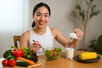 Healthy Asian Woman Enjoying Nutritious Lunch, Fresh Vegetables, and Glass of Milk for Balanced Diet