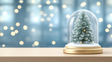 Festive Christmas Tree Snow Globe on Wooden Surface with Bokeh Lights Background