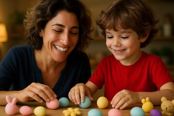 Joyful Easter Crafting Mother and Son Decorating Colorful Eggs Together