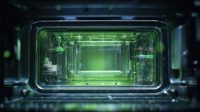 TV commercial style, holographic product window depicting the inner working of an AC. Dim, night lighting. Green holographic light. Close up 