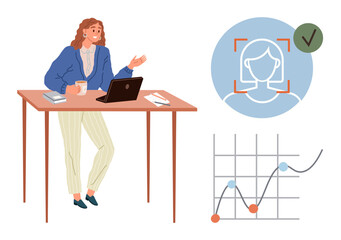 Woman standing at desk with laptop, mug, and papers. Biometrics icon and analytics chart showcasing security and growth. Ideal for technology, business, analytics, security, leadership productivity