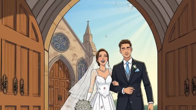 Joyful wedding couple walks from church with doves flying in sunny sky celebrating new life together