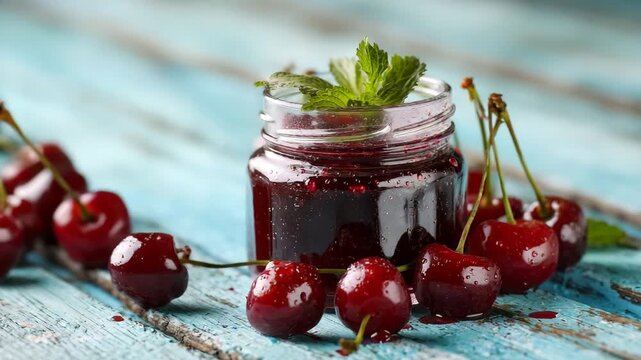 Homemade cherry jam in a rustic glass jar tied with twine, decorated with fresh mint and surrounded by ripe cherries on weathered blue wooden table