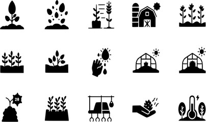 Obraz premium Gardening glyph flat icons. Vector solid pictogram set included icon as seed planting, soil fertilizer, farm barn, greenhouse temperature silhouette illustration for agronomy