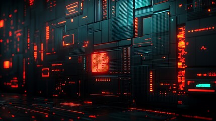 Futuristic digital wall with glowing red and teal accents.