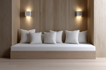 Minimalist wooden seating area with white cushions and soft lighting creates calm and cozy atmosphere in this modern interior design space