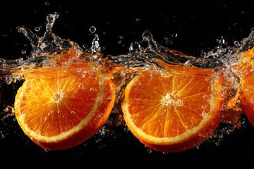 Fresh orange slices splash in water creating vibrant droplets and waves in a dark setting