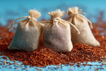 Saffron bags on a vibrant blue surface with scattered saffron threads showcasing rich color and texture