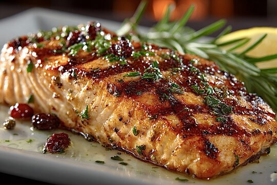 Delicious grilled salmon fillet seasoned with herbs and spices, resting on a white plate with a sprig of rosemary and a lemon slice, creating an inviting culinary scene