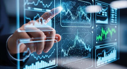 Hand Interacting with Futuristic Digital Screen Displaying Global Business Data and Financial Charts