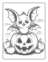 Bold Easy Halloween Coloring Pages,  a coloring page with a bat sitting on a pumpkin