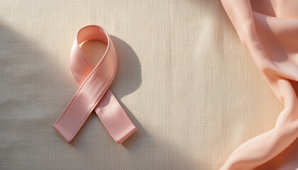 Delicate pink awareness ribbon resting on textured fabric, representing global solidarity, support, and the ongoing fight for health and well-being.