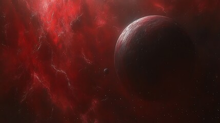 Red nebula with a dark planet.