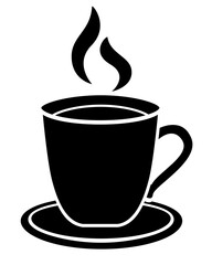 Cup on saucer with hot drink and steam above it - vector silhouette image for logo, pictogram or stencil. Cup and saucer with coffee or tea for stencil.