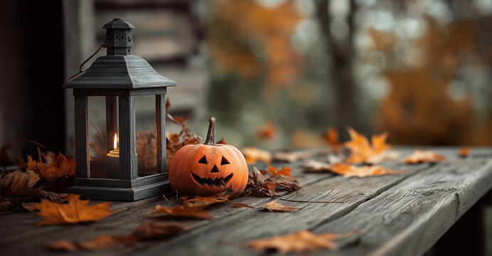 Halloween background with a lantern and pumpkin on a wooden table, 