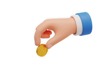 Animated hand holding golden coin against white background studio shot