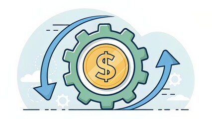 Dollar sign inside rotating gear, symbolizing revenue generation through automated workflows.