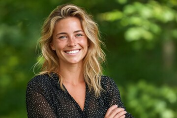 Smiling woman in a black blouse enjoying a sunny day outdoors in a lush green setting with blurred foliage in the background