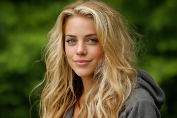 Naklejka premium Young woman with long blonde hair smiles warmly in a natural outdoor setting during a bright sunny day