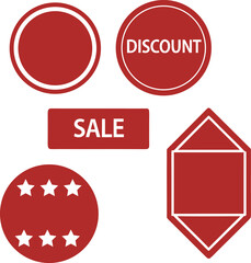Various maroon geometric promotion sticker shapes feature discount, sale, and star elements for sales