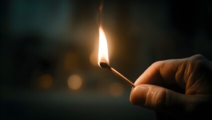 Close-up of a hand holding a lit matchstick in the dark. Warm flame contrasts with the dark background, symbolizing ignition, warmth, or beginning.