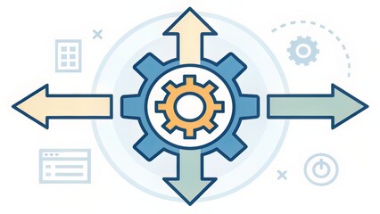 Gear icon with four outward arrows, representing decentralized expansion and scalable system architecture.