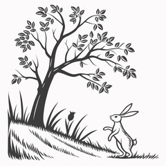 A cute bunny stands on a grassy hill under a leafy tree with a single flower