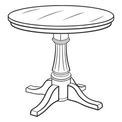 A detailed black and white line drawing of a round pedestal table with a fluted column and splayed legs