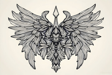 Winged Decorative Art Line Drawing with Intricate Feathered Design