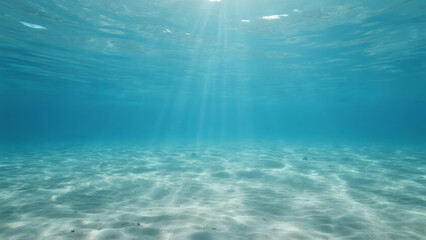 Underwater view of sandy seabed with sunlight filtering through clear blue ocean water