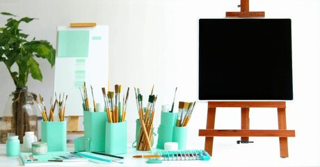Workspace features painting supplies, easel, plant. Teal containers hold brushes, paints. Clean, bright studio setup.