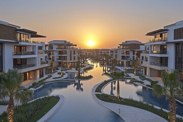Obraz premium Sunset view of modern apartment complex with pools