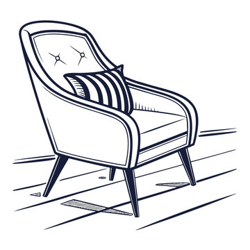 recommend clip art: Elegant mid century modern armchair with striped pillow on a wooden floor