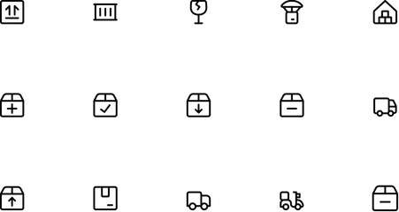 Editable stroke icon set delivery package shipping transportation logistics cargo freight distribution export import fragile icon set vector and more vector icons