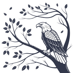 Majestic eagle perched on a bare tree branch with falling leaves