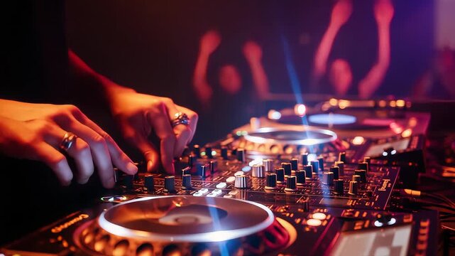 Close Up Cinematic View of a DJs Hands Mixing Music During a Vibrant Nightclub Performance