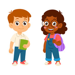 Two children are standing next to each other, one holding a book. The scene is cheerful and lighthearted, with the children looking happy and smiling