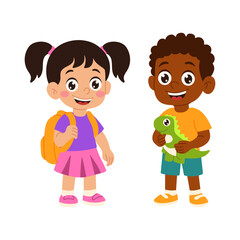 A girl and a boy are standing next to each other. The girl is wearing a purple shirt and pink skirt, and the boy is wearing an orange shirt and blue shorts. The boy is holding a green dinosaur toy