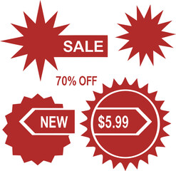 Starburst stickers displaying the terms sale, seventy percent off, new, and five dollar ninetynine cents