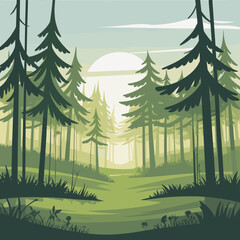 Obraz premium Lush green forest landscape with tall trees and rising sun 