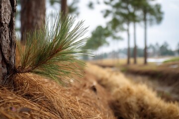 Close-up of a pine needle sprouting near a forested area during a cloudy day