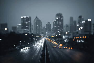 Obraz premium City skyline illuminated by streetlights at night with blurred focus on a busy road