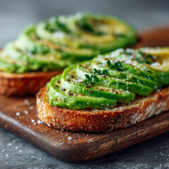 Delicious avocado toast with lemon and herbs served on a wooden board in a cozy cafe setting during brunch hours