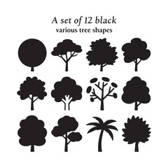A set of 12 black tree silhouettes featuring various tree shapes, including rounded, branching, and palm tree designs, all placed on simple grass patches.